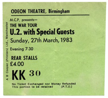 U2 concert ticket for The War Tour, Birmingham Odeon, UK, 1983 clipart