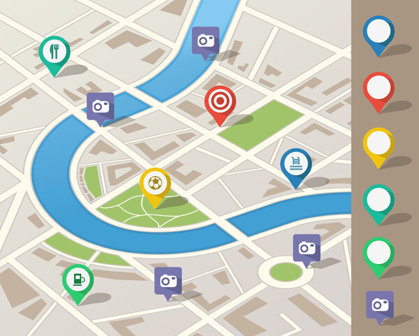 City map illustration with location pins
