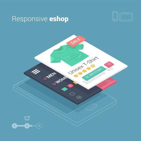 Shopping mobile con l'applicazione responsive eshop sito web — Vettoriale Stock