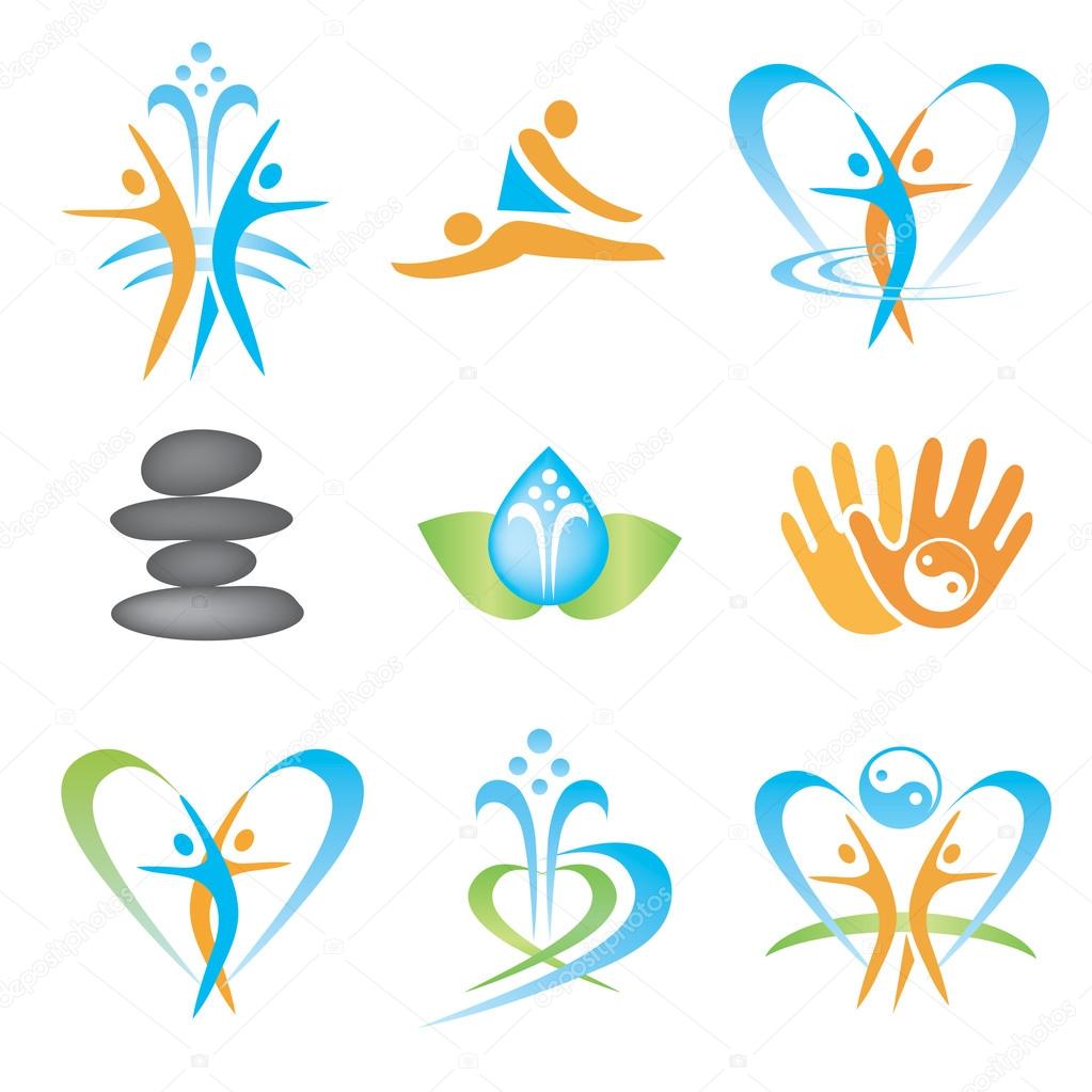 Set of icons with spa, massage, yoga, health symbols. Vector illustration.