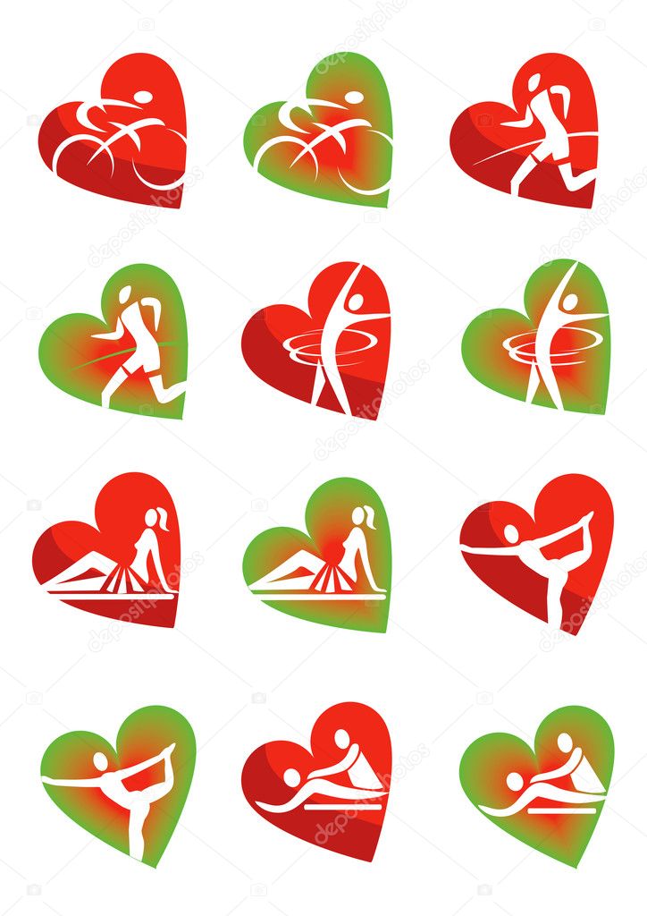 Icons with fitness and healthy lifestyle activities in heart shape. Vector illustration.