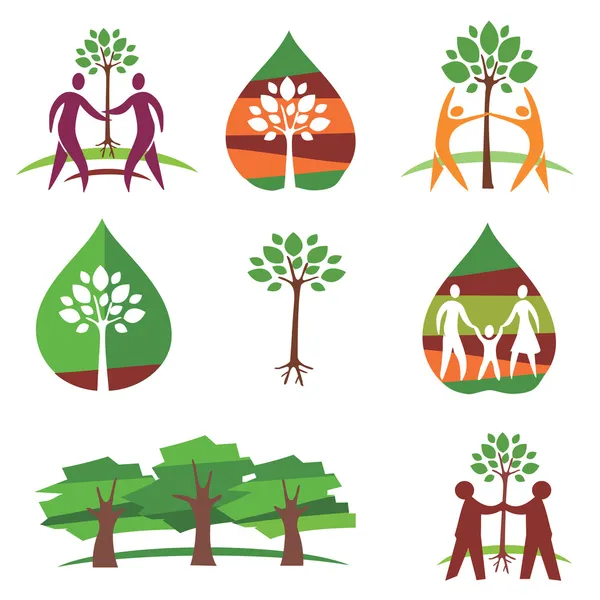 Mensen en bomen kleurrijke pictogrammen — Stockvector