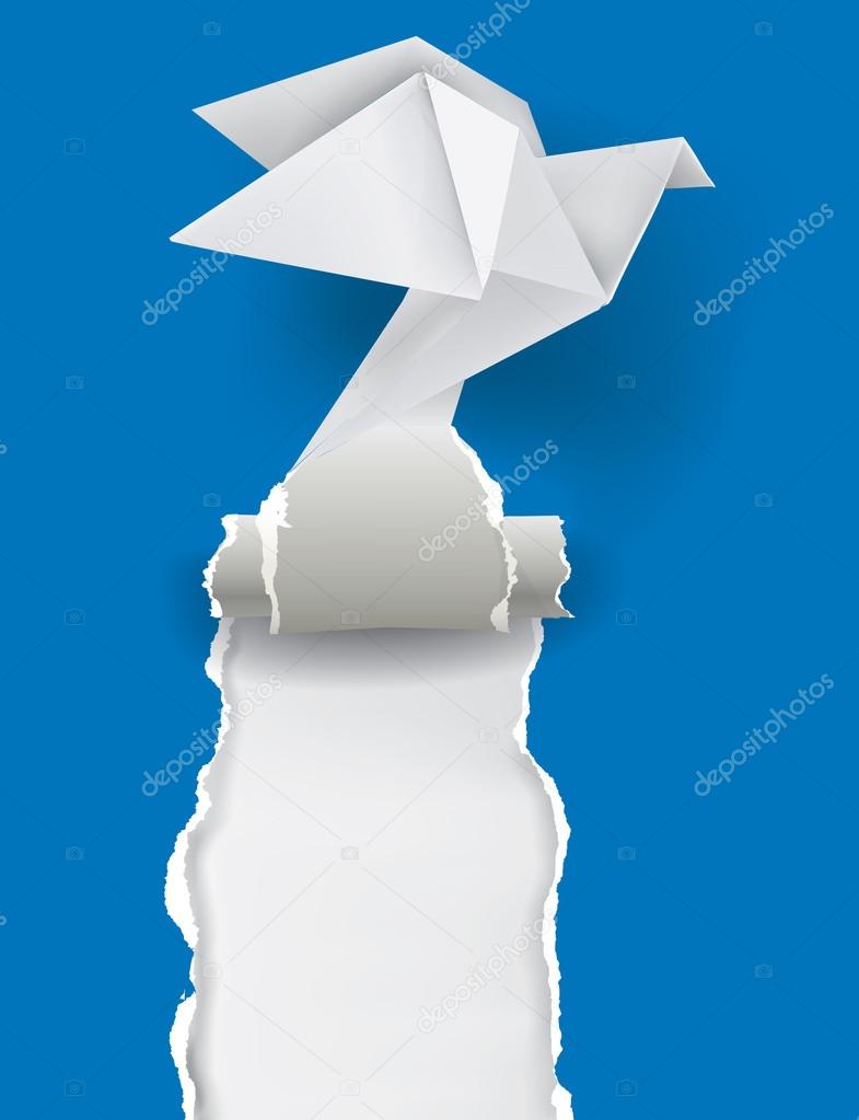 Origami Dove tearing blue paper