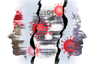 Koronavirüs salgını, insan trajedisi. Erkek başları, beyaz arka planda şekillendirilmiş siluetlerin grunge anlamlı kompozisyonu. Salgın COVID 19 'u sembolize eden suluboya resmin taklidi.