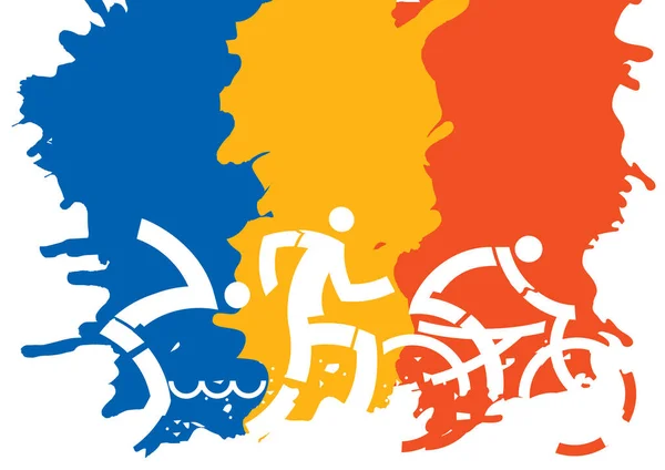 Tři Triatlonoví Závodníci Vlajkové Pozadí Výrazná Kresba Tří Triatlonových Sportovců — Stockový vektor