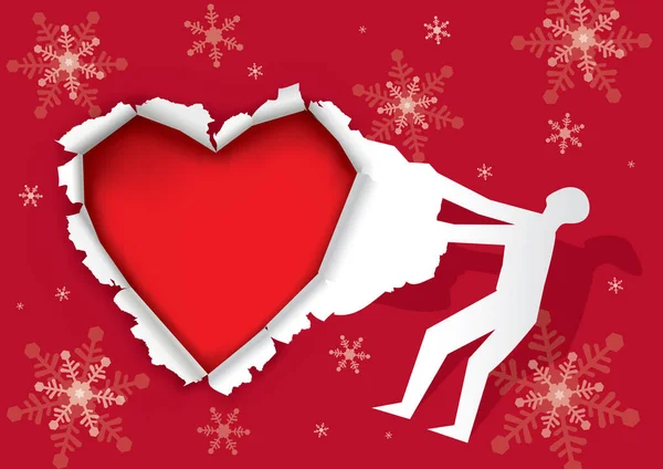 Vánoční Přání Tvar Srdce Ilustrace Mužské Siluety Trhající Červený Papír — Stockový vektor