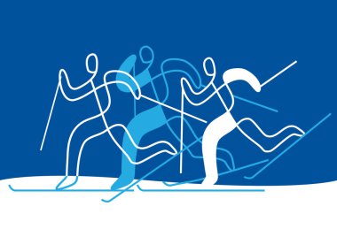 Cross-country skiing.llustration of nordic skiing competitorson blue background. Continuous line drawing design. Vector available.