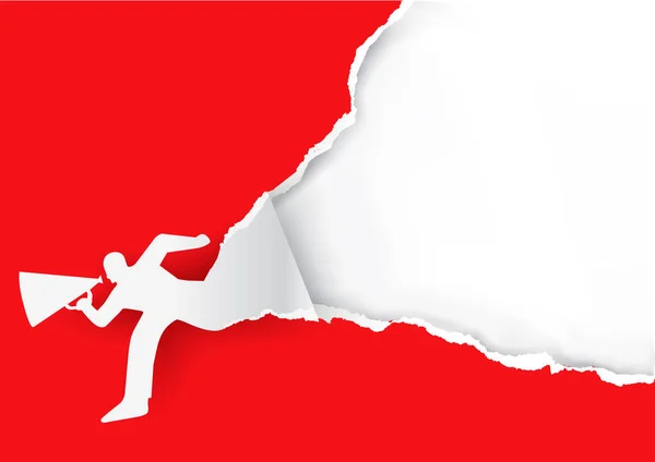 Running Man Megaphone Tearing Red Paper Illustration Torn Paper Male — Image vectorielle