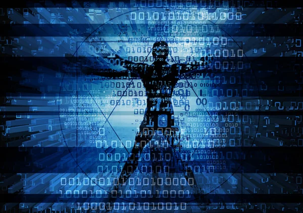 Torso Vitruvian Man Binary Codes Futuristic Expressive Blue Background Vitruvian — Stock Photo, Image