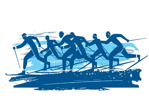 Лыжные Соревнования Выразительная Голубая Иллюстрация Участников Лыжных Гонок Вектор Доступен — стоковый вектор