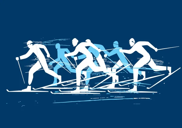 Skilanglauf Wettbewerb Ausdrucksstarke Darstellung Der Nordischen Skilangläufer Auf Blauem Hintergrund — Stockvektor