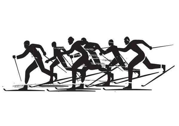 Передові Змагання Лижного Спорту Силуети Експресивна Чорна Ілюстрація Скандинавських Лижних — стоковий вектор