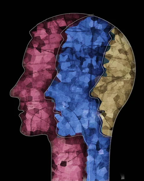 Skizofrénia Férfi Fej Sziluett Illusztráció Három Stilizált Férfi Fej Grunge — Stock Fotó