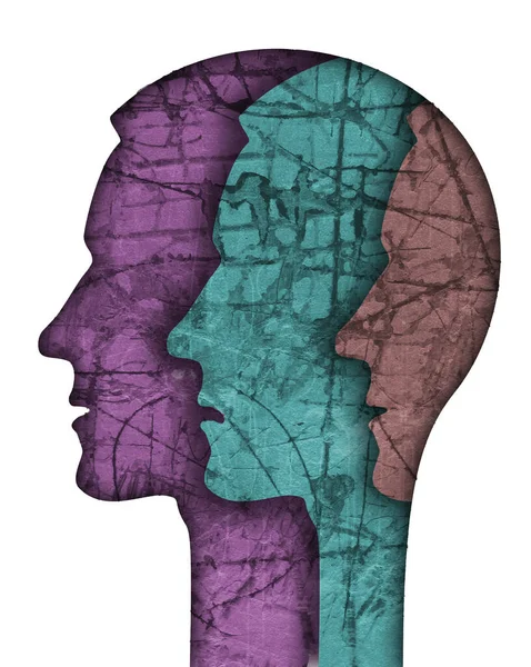 Schizophrenia male head silhouette. Illustration with three stylized male heads on grunge texture symbolizing schizophrenia Depression, bipolar disorder.