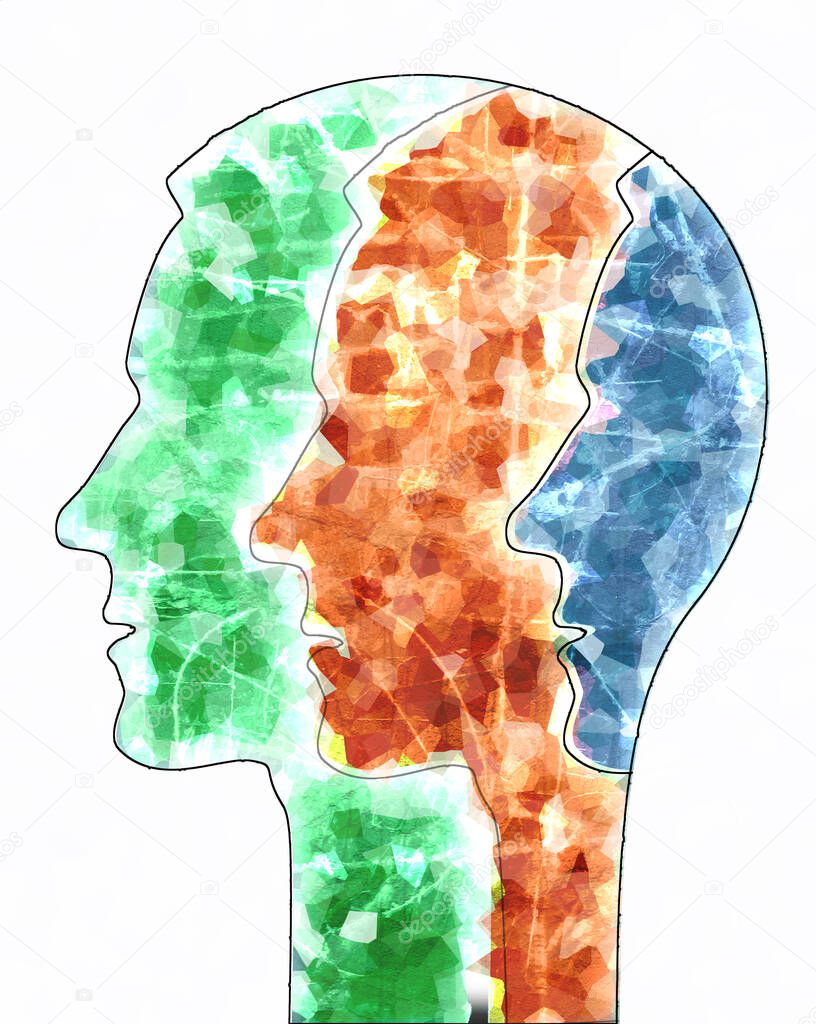 Schizophrenia male head silhouette. Illustration with three stylized male heads on grunge texture symbolizing schizophrenia Depression, bipolar disorder.