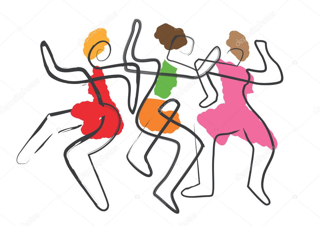 Three dancing women, dance party, line art.Abstract expressive Illustration of dancers. Continuous Line Drawing. Vector available.