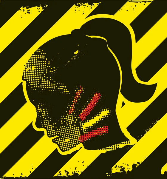 抑郁的女人的危险 女性风格的带有手印的发牢骚的轮廓 在黄色和黑色条纹建筑标志上 可用的病媒 — 图库矢量图片
