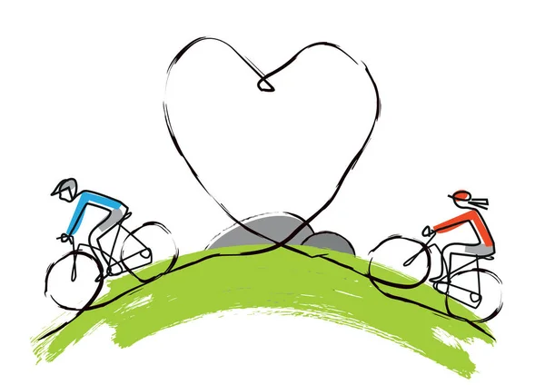Ciclistas Apaixonados Mountain Bike Linha Arte Estilizada Desenhos Animados Ilustração —  Vetores de Stock