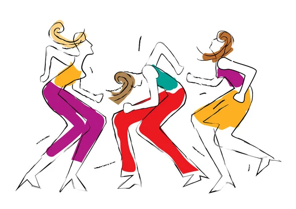 Drie Dansende Meisjes Wild Gek Dansfeest Line Art Cartoon Expressieve — Stockvector