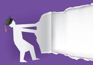 Mezuniyet menekşe rengi kağıt arkaplan. Havan tahtasıyla yırtılmış kağıt silueti. Mezuniyet duyurusu şablonu. Mevcut vektör.