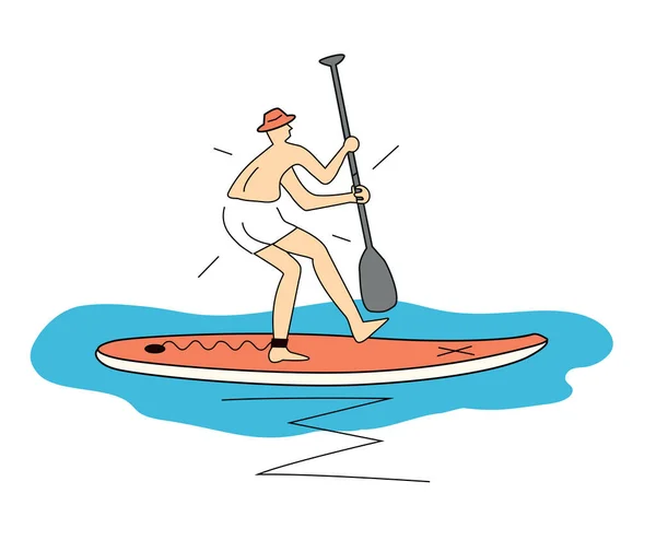 Divertido Principiante Paddleboard Historieta Ilustración Simple Estilizada Del Hombre Asustado — Vector de stock