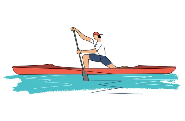 皮划艇 男子运动员在单人独木舟中单膝站立 线条艺术风格的独木舟图解 被白色背景隔离 可用的病媒 — 图库矢量图片