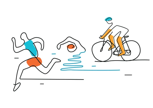 Triathlon Cycling Swimming Line Art Illustration Triathlon Athletes Continuous Line — Stock Vector