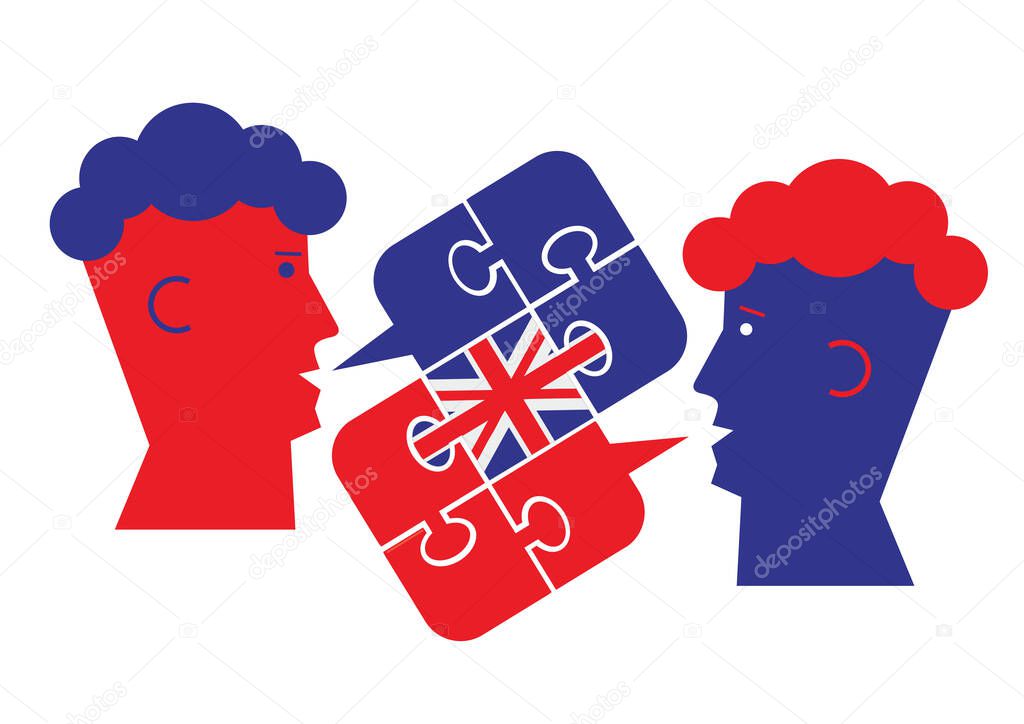 English language lesson dialog, male heads symbol.Two students and Puzzle bubble talk with a British flag symbolizing English conversation. Isolated on white background. Vector available