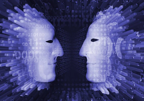 2つの匿名マスクバイナリコード付き サイバースペースで2人の人に会うことを象徴する2つの3次元様式化された男性の顔匿名の対話ソーシャルネットワーク — ストック写真