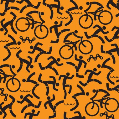  Triatlon ikonları geçmişi. Siyahi triatlon sporcularının simgeleriyle turuncu arka plan. Kullanılabilir vektör.