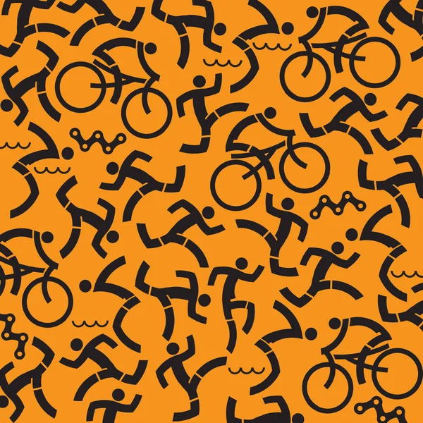 Triathlon Pictogrammen Achtergrond Oranje Achtergrond Met Zwarte Iconen Van Triatlonatleten — Stockvector