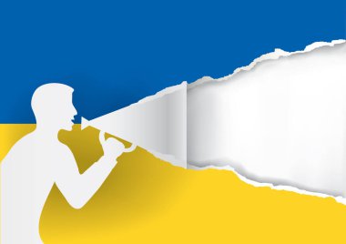 Ukrayna bayrağı renginde kağıt ve megafonla yırtılmış kağıt adam. Etkileyici Banner şablonu. Metin veya resim için yer. Kullanılabilir vektör