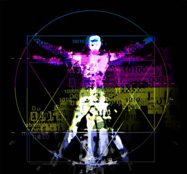 CMYK renk çizgileri üzerine ikili kodları olan Vitruvian bir adam. İkili kodları dijital çağı sembolize eden, Vitruvialı bir adamın gelecekteki dışavurumcu görüntüsü. Grafik tasarımı ve renk baskısını kavra.