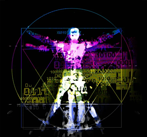 CMYK renk çizgileri üzerine ikili kodları olan Vitruvian bir adam. İkili kodları dijital çağı sembolize eden, Vitruvialı bir adamın gelecekteki dışavurumcu görüntüsü. Grafik tasarımı ve renk baskısını kavra.