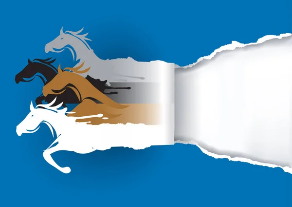 Ilustración Cuatro Siluetas Caballos Rasgando Fondo Papel Azul Plantilla Banner — Vector de stock