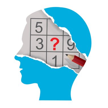  Sudoku ve kurşun kalemle yırtılmış bir erkek. Sudoku oynatıcısının erkek silueti. Kullanılabilir vektör.