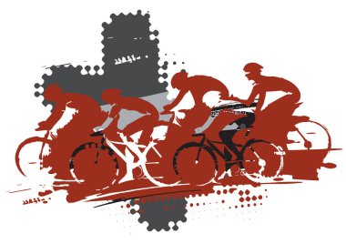 Bisiklet yarışı, MTB bisikletçiliği. Son sürat bisikletçi grubunun etkileyici çizimi. Mürekkep ve fırçayı taklit ediyorum. Kullanılabilir vektör.