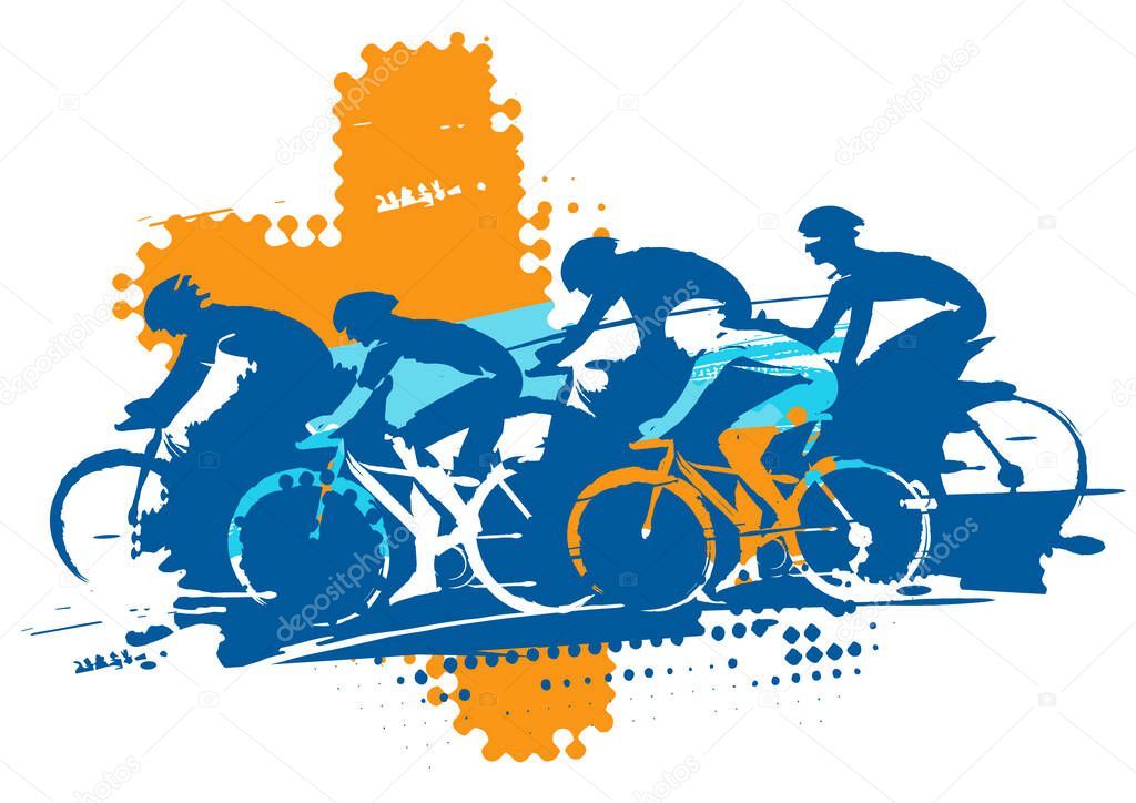 Cycling race, MTB cycling.Expressive stylized drawing of group of cyclists in full speed. Imitating drawing ink and brush. Vector available.
