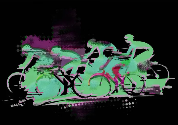 Велоспорт Гонки Mtb Велосипеди Експресивний Стилізований Малюнок Групи Велосипедистів Повній — стокове фото