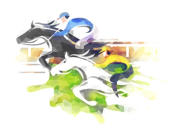 Horse Racing Competition Jockeys Running Action Eexpressive Illustration Two Jumping — Stockfoto