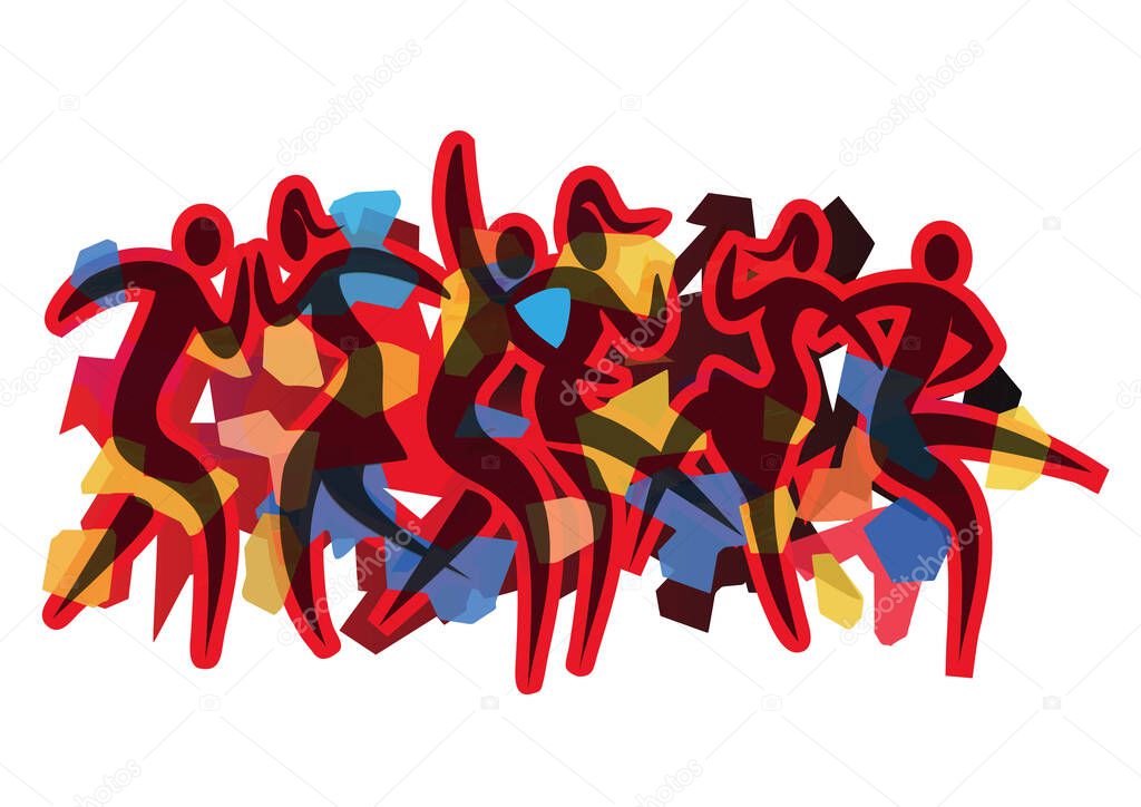 Dancing couples,  wild disco party, modern dance. Expressive colorful illustration of three disco dancing couples. Isolated on white background. Vector available.