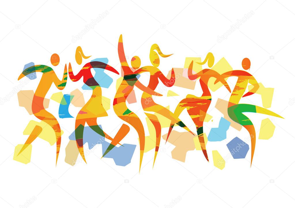 Dancing couples,  summer disco party, modern dance. Expressive colorful illustration of three disco dancing couples on colorful abstract background. Vector available.