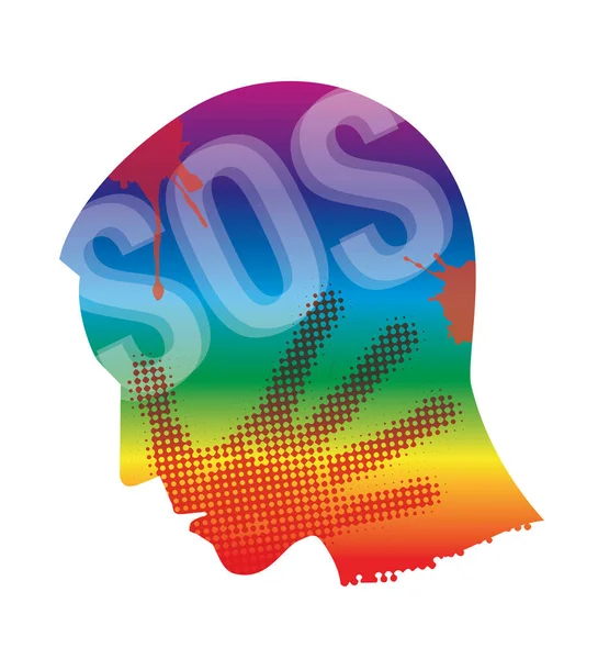 Young Man Homosexual Victim Violence Rainbow Colored Sos Sign Stylized — Stok Vektör