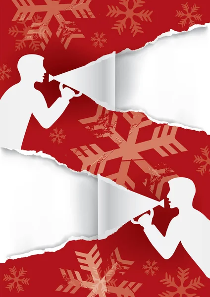 Two Men Megaphone Tearing Red Paper Christmas Banner Template Paper — Stock vektor