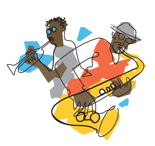 Jazz Theme Black Men Trumpet Player Saxophonist Expressive Illustration Two — Image vectorielle