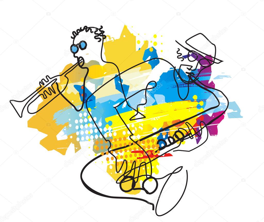 Jazz theme,expressive drawing, trumpet player and saxophonist. Expressive Illustration of two jazz musicians, continuous line drawing design. Isolated on white background. Vector available.