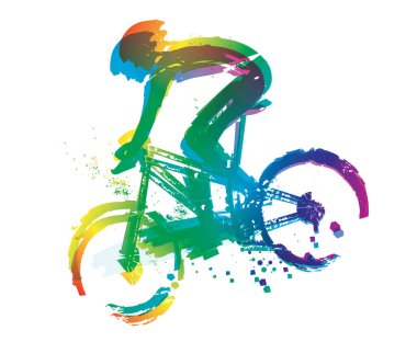  Mountain biker et full speed. Colorful expressive illustration of a man riding a mountain bike down a hill at high speed.T-shirt motif. Vector available.