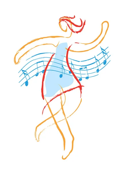 Музыкальная Тема Красивой Танцующей Девушкой Экспрессивное Линейное Искусство Стилизовало Иллюстрации — стоковый вектор