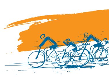 Bisiklet yarışı, çizgi sanatı, etkileyici arka plan. Fırça darbelerinde bisikletçiler olan renkli arkaplan. Banner şablonu. Devamlı çizgi çizimi. Kullanılabilir vektör.