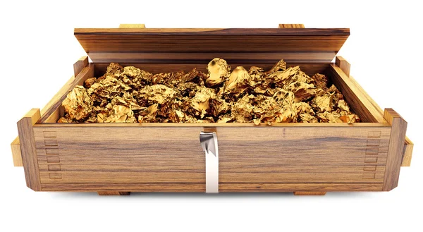 Minerale d'oro in una scatola di legno Foto Stock Royalty Free